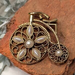 Vintage Bicycle Brooch Gold tone Pearl Embellished 1928 Brand Penny-farthing
